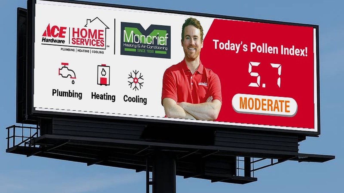 Concept mockup of an Ace Hardware Home Services and Moncrief Heating & Air pollen index ad simulated onto a digital billboard