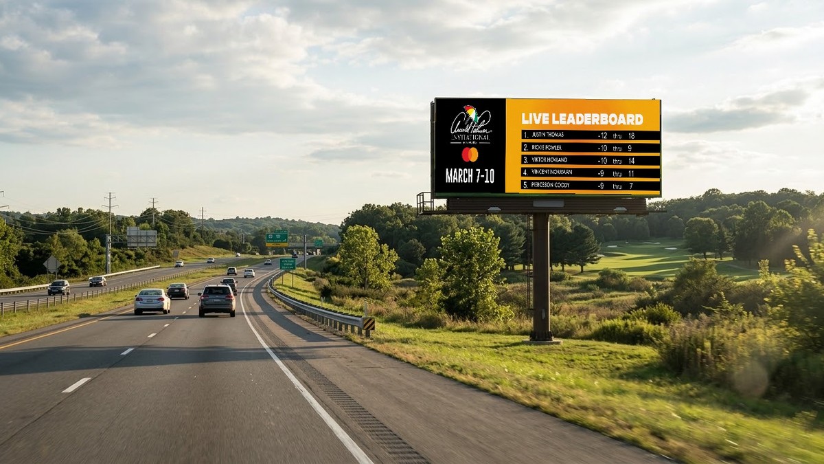 Concept mockup of an Arnold Palmer Invitational live leaderboard simulated onto a digital billboard on the highway leading to a golf course